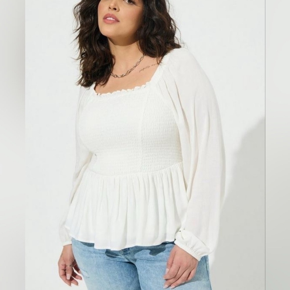 Torrid White Smocked Bodice Blouse